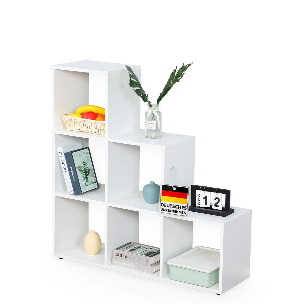 Bücherregal, Weißes Stufenregal aus MDF mit 6 Fächern für Bücher, Pflanzen & Deko, 97,5 x 29 x 97,5 cm, Regal weiß, Carolina