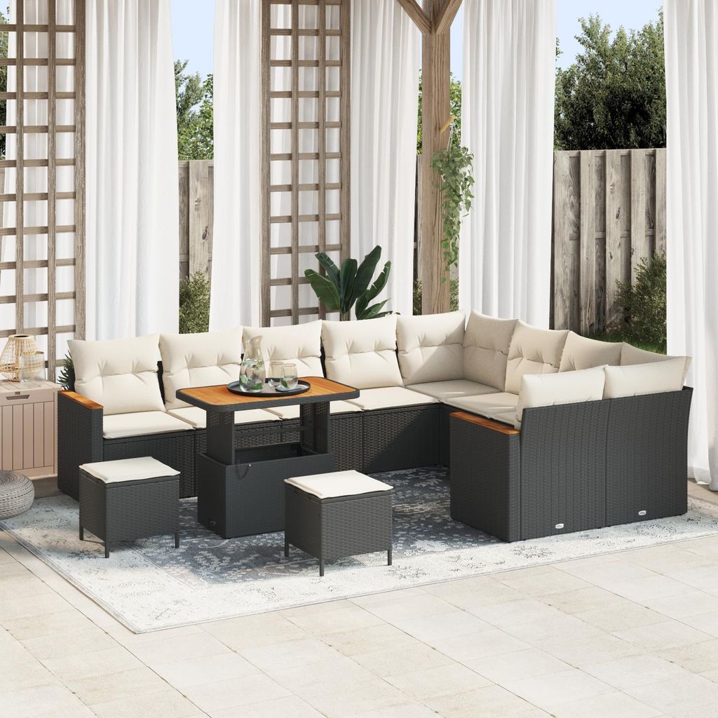 12-teiliges Garten Sofa Set mit Kissen Schwarz Poly Rattan Akazie, Design Gartensofas Neu