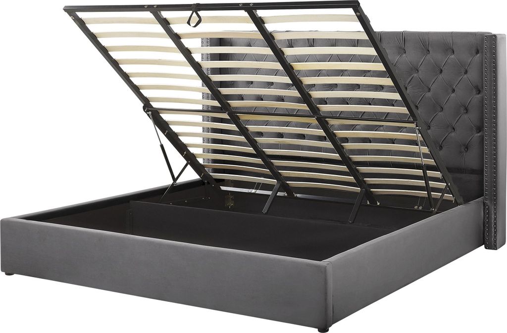 BELIANI Bett mit Bettkasten Grau Gepolstert 180 x 200 cm Lattenrost Hohes Kopfteil Knopfheftung Nieten Retro Klassisch Schlafzimmer