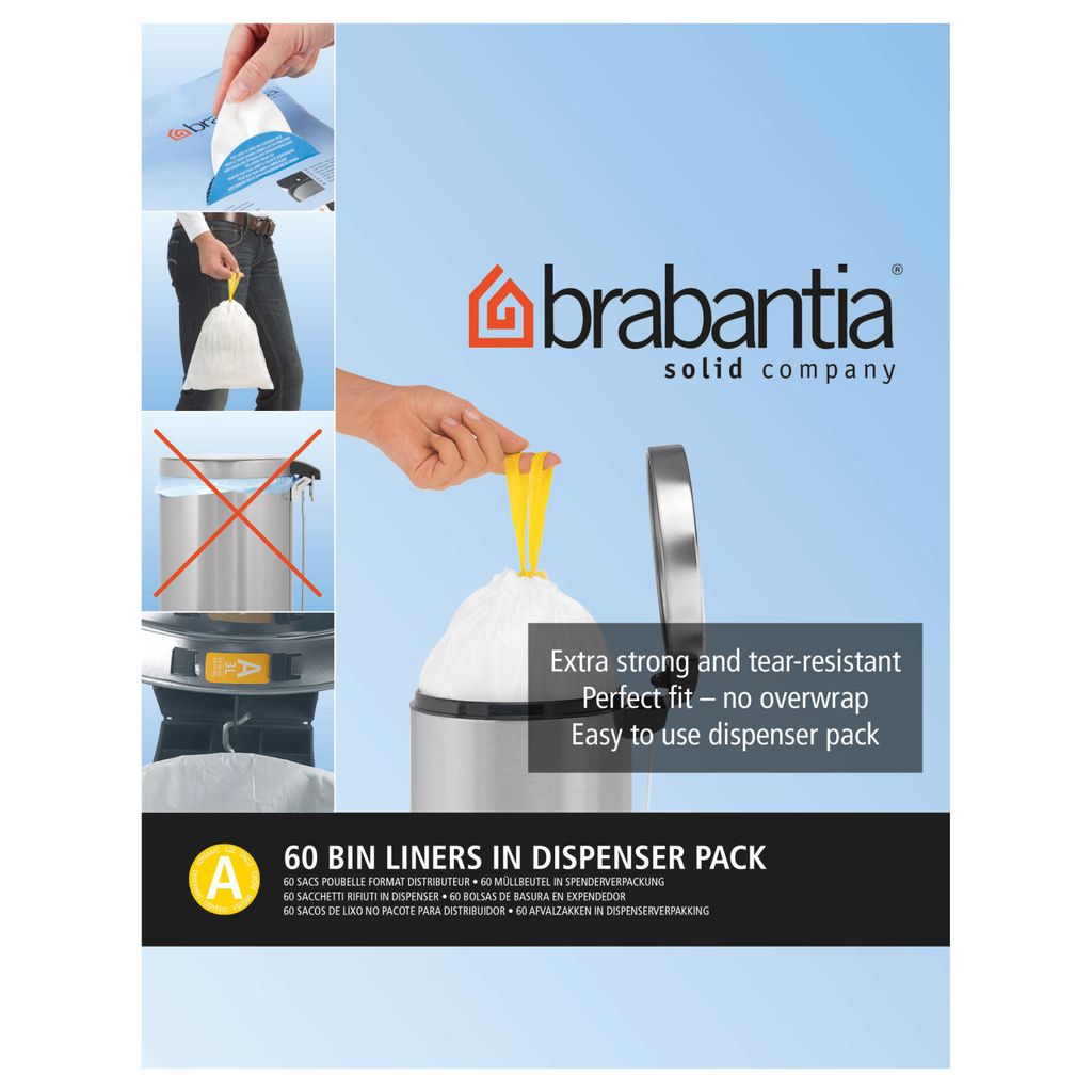 Brabantia Müllbeutel/Mülltüte, Müllsack, Abfallbeutel, Spenderpack, Kode A, 3 Liter, 60 Stück, 348983