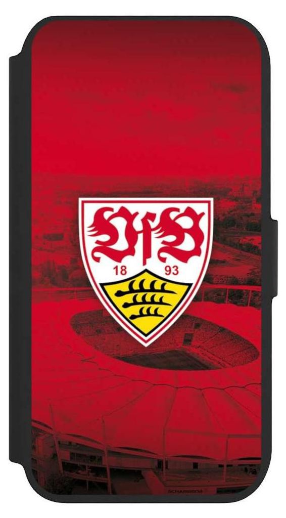 NIVOCASE Klapphülle für Apple iPhone SE (2022) Handyhülle aus Kunst Leder NIVOflip schwarz Offizielles Lizenzprodukt Stadion VfB Stuttgart
