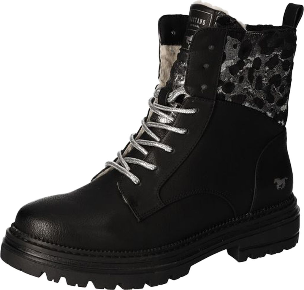 Mustang Damen Stiefelette warmer Plateau Schnürboot mit Leomuster 1404-605, Größe:39 EU, Farbe:Schwarz