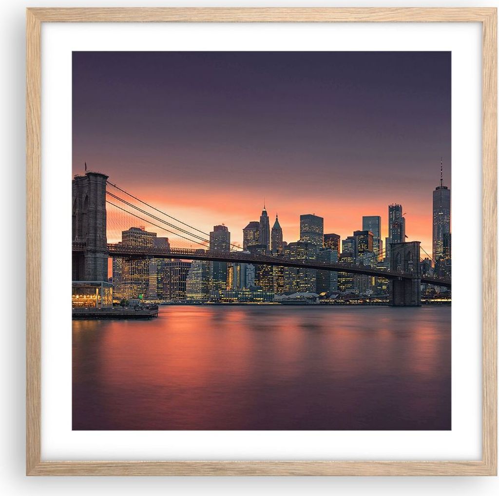 Gerahmtes Poster - Rahmen in heller Eiche - New York Brücke Nacht - 50x50 cm - Wand Bild - Wanddeko - Wandbilder - Wandposter - Bilderrahmen - Bil...