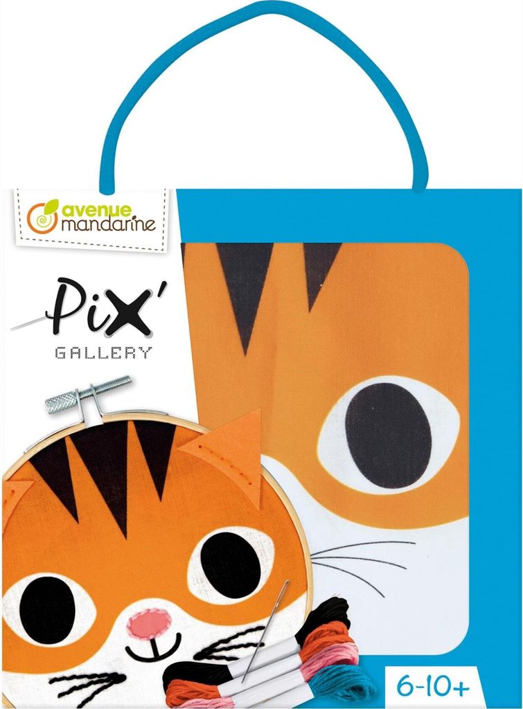 Avenue Mandarine KC118C - Kreativset Pix Gallery, kleines Tambourin 13x13cm zum Sticken und Nähen, ideal ab 6 Jahren, Katze, 1 Set