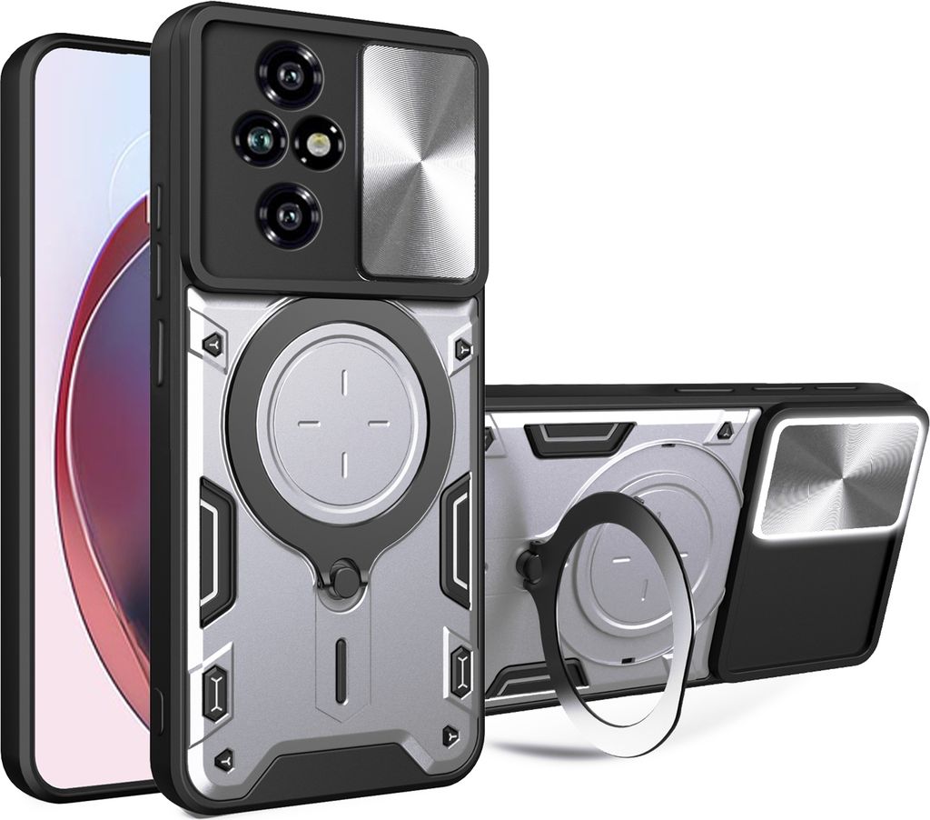 Handyhülle für Honor 200 Pro Dual-Layer Stoßfest Rüstung Hülle mit Dia Kameraschutz und Kreisförmig Ring Ständer Silber