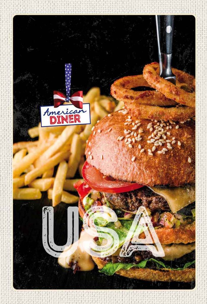 vianmo Holzschild 30x20 cm USA Burger Pommes Zwiebelringe essen Bildmotiv Reisemotiv Abenteuer Reisen