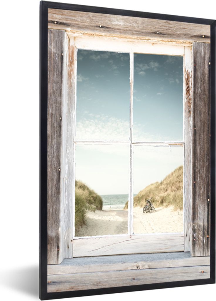 MuchoWow Gerahmtes Poster Aussicht - Strand - Fahrrad 60x90 cm - Poster mit Schwarzem Bilderrahmen Wandposter Rahmen Foto Bilder - Kunst