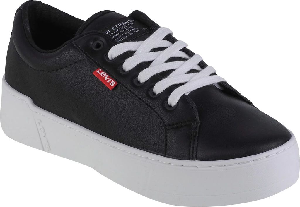 A black Levi's sneaker with white laces and a white platform sole is shown against a white background.