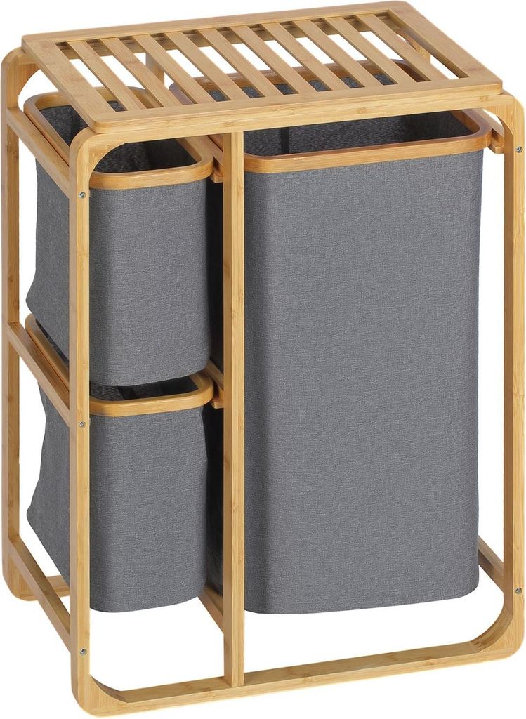 Wäschekorb Mit Plattform Bambus Wäschesammler Mit 3 Abnehmbaren Wäschesäcken, Wäschesortierer, Grau+Natur, 50X32X69,7Cm