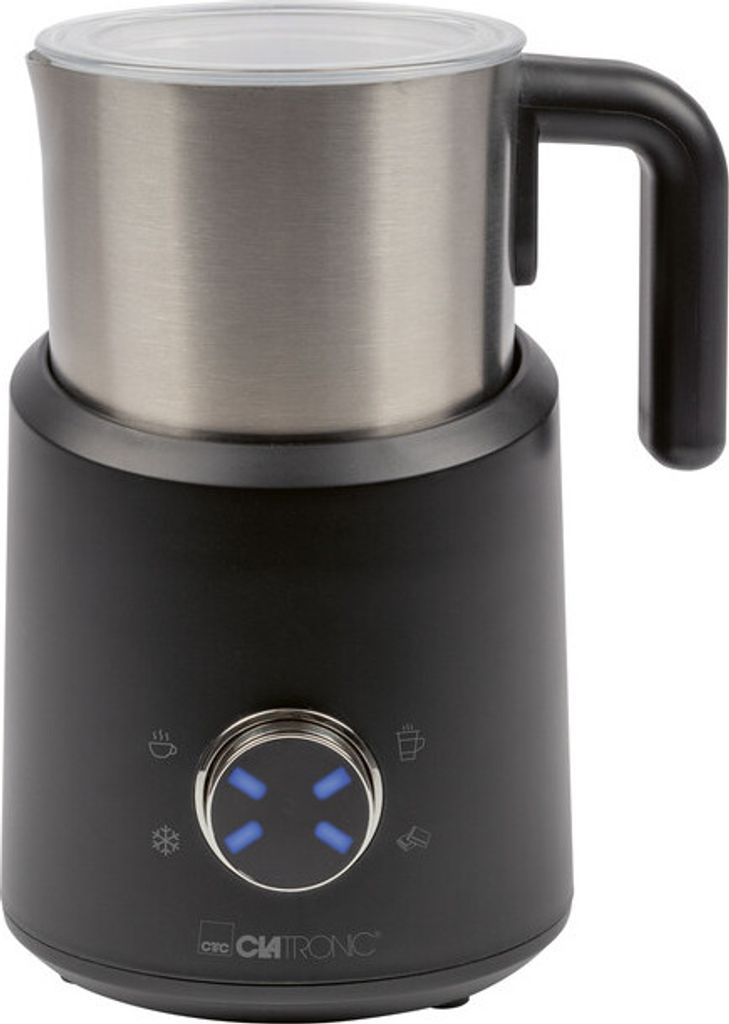 A black and silver electric milk frother with a clear lid and handle is shown against a white background.