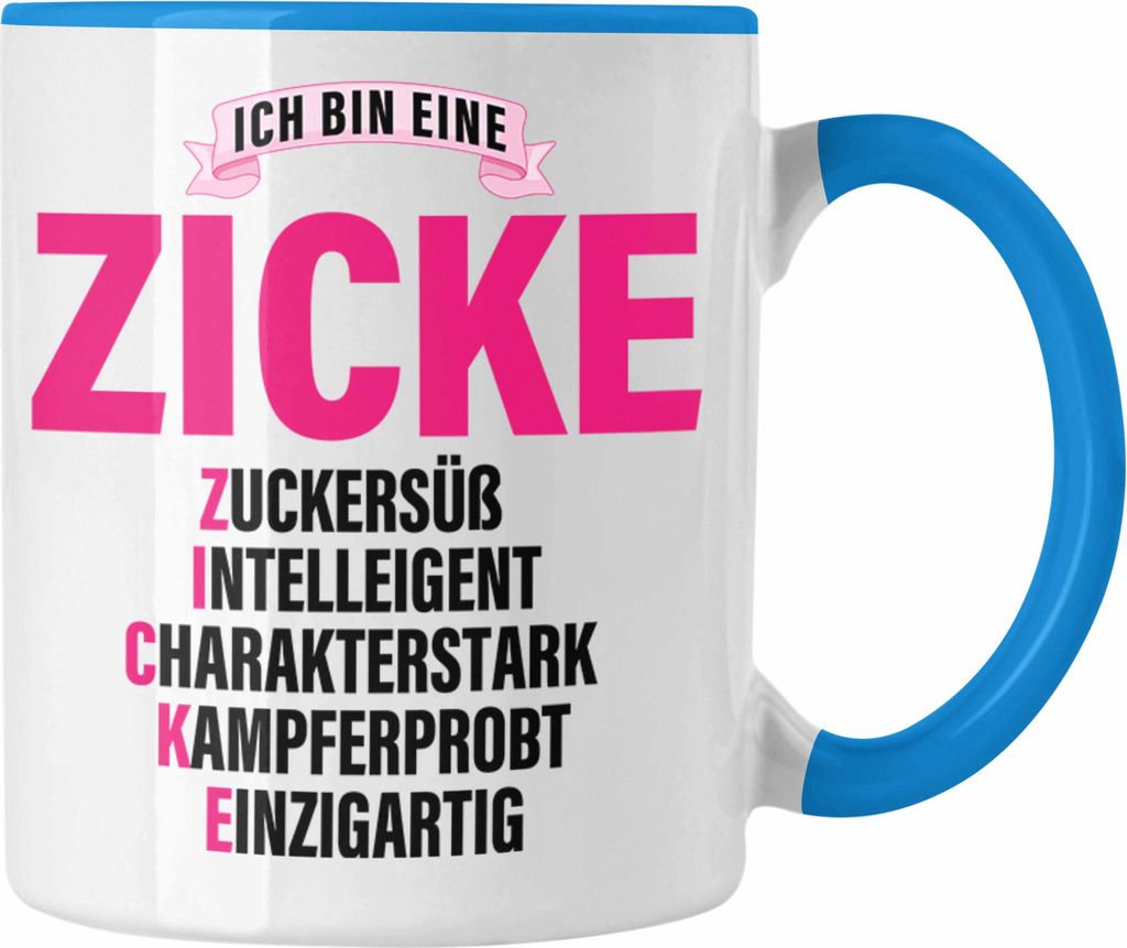 Trendation - Zicke Tasse Geschenk Kaffeetasse für Frauen Frau Lustig Pink (Blau)