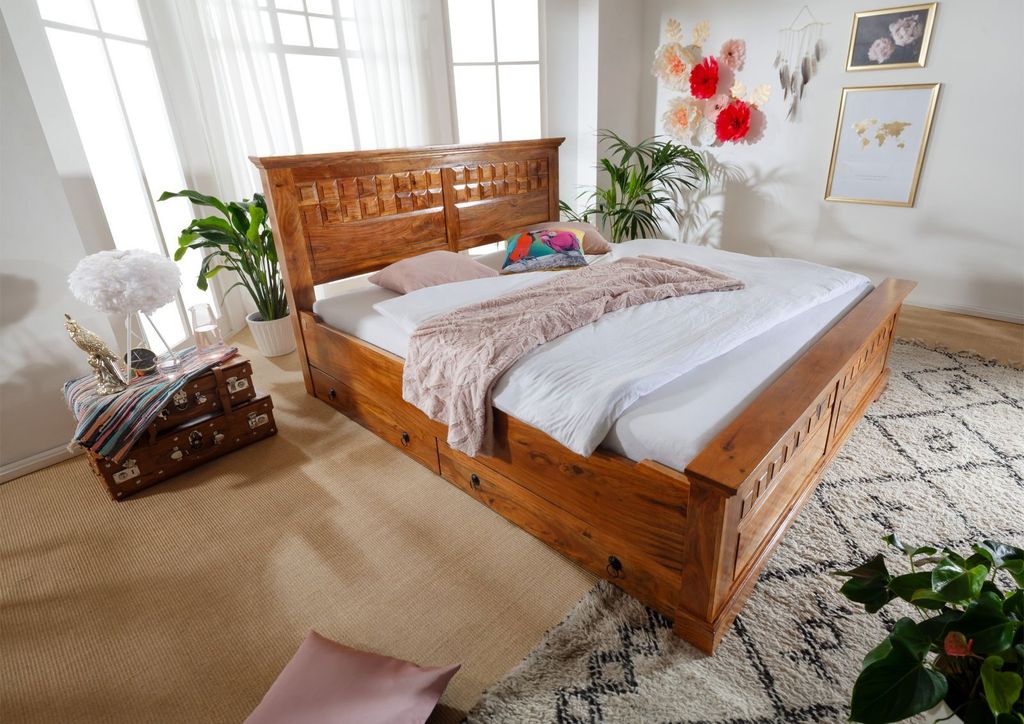 MASSIVMOEBEL24 Bett Akazie 200x200x114 honig lackiert OXFORD #0311