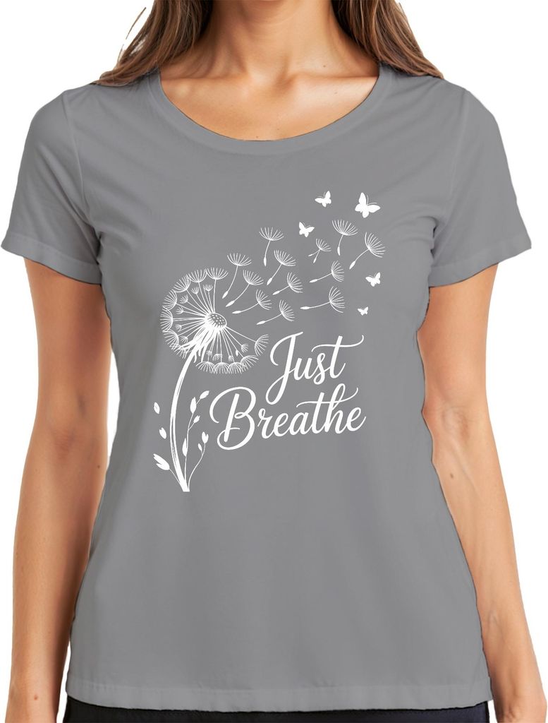 Just Breathe Pusteblume Schmetterling Achtsamkeit Yoga Meditation Damen T-Shirt, Grau, 3XL