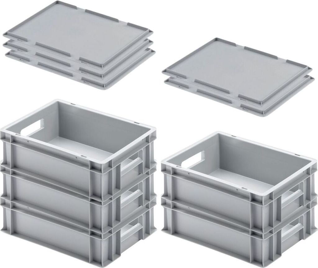 SuperSparSet 5x Eurobehälter mit offenem Griff & Auflagedeckel | HxBxT 12x30x40cm | 11 Liter | Grau | Eurobox, Transportbox, Transportbehälter, S...