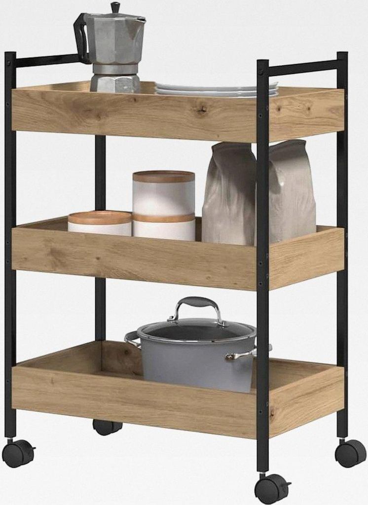 Küchentrolley Eiche handwerklich 50 x 30 x 70 cm Holzwerkstoff, Kompakter Küchenwagen, stylischer Cart, mobiles Möbel, Organizer aus Holz, prakt...