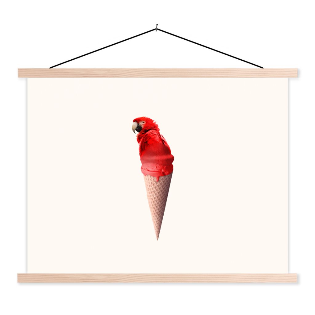 MuchoWow Textilposter Eiscreme - Papagei - Rot - Eistüten - Weiß 120x90 cm mit holzfarbenen Rahmen - Magnetisch