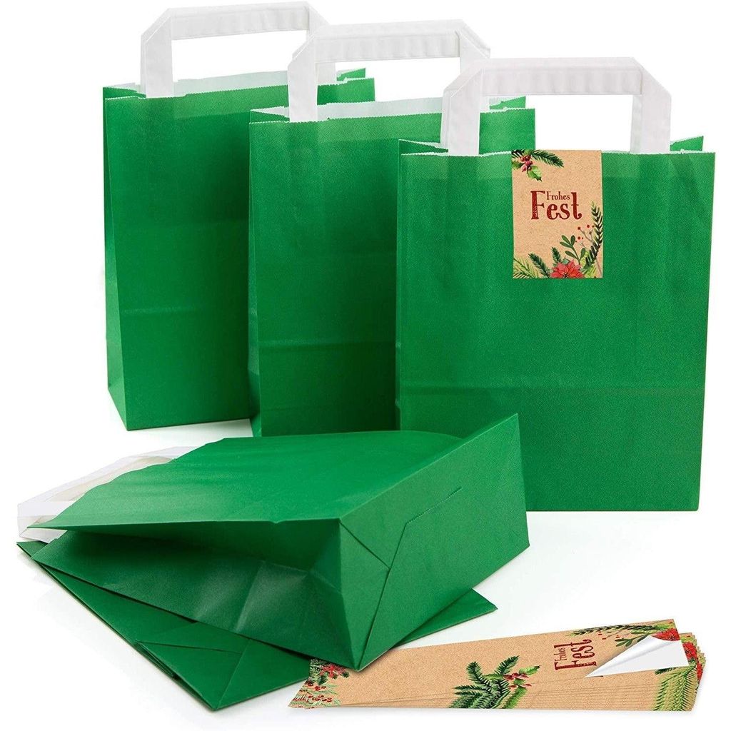 5 kleine dunkel-grün Papier-Tüte Geschenk-Tütchen mit Henkel Boden 18 x 8 x 22 cm + 5 Aufkleber FROHE WEIHNACHTEN DANKE KUNDEN BAUM schwarz wei...