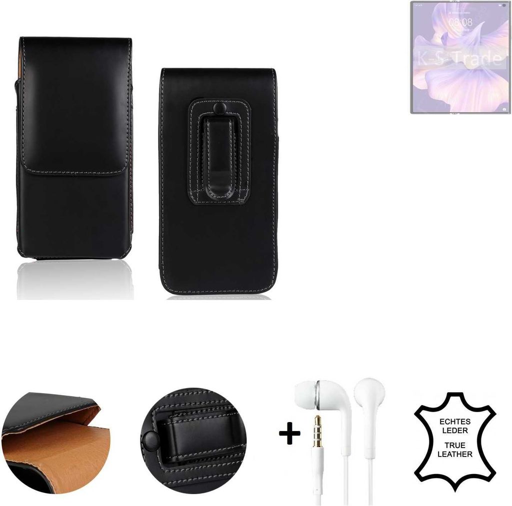K-S-Trade Leder Gürteltasche + Kopfhörer kompatibel mit Huawei Mate Xs 2 Seitentasche Belt pouch Holster Handyhülle Schutz Hülle Etui schwarz 1x