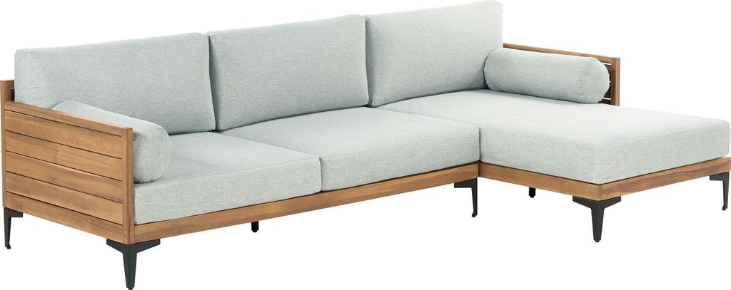 BELIANI 4-Sitzer Gartensofa Hellbraun Akazienholz Linksseitig mit Grauen Kissen Modern Terrasse Outdoor Ecksofa Loungesofa Sofa mit Chaiselongue