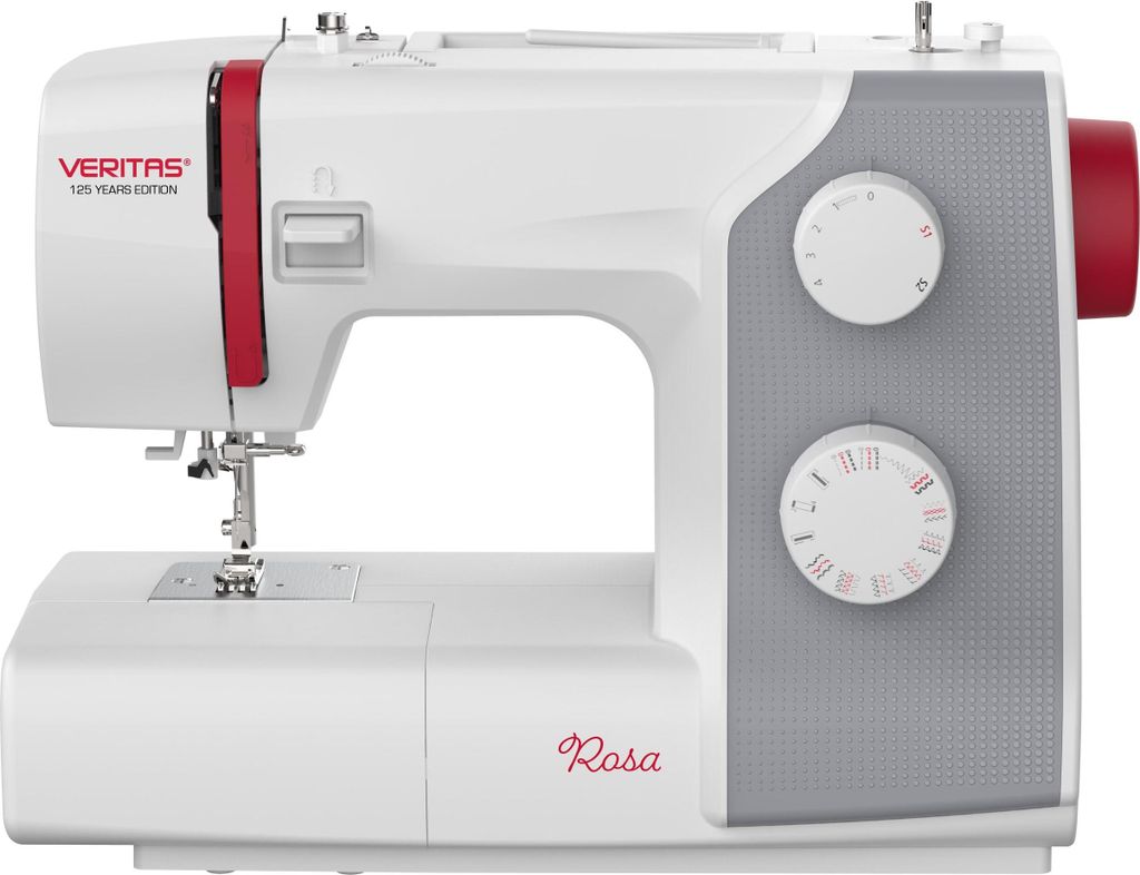 A white and gray sewing machine with red accents, shown from a front-side angle.