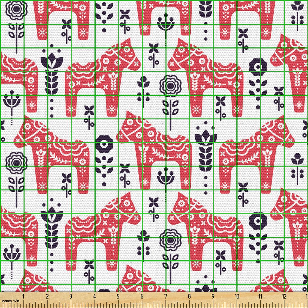 ABAKUHAUS Ethnisch Gewebe als Meterware, Schwedische Pferd mit Floralen Ornamenten Folklore Kunst Muster, 1 M (148 x 100 cm), Dunkler Coral Indigo