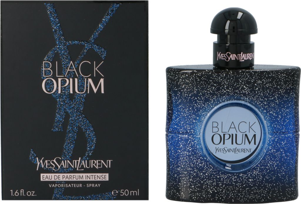 A product shot of Yves Saint Laurent Black Opium Intense Eau de Parfum for women, showing both the box and the bottle.