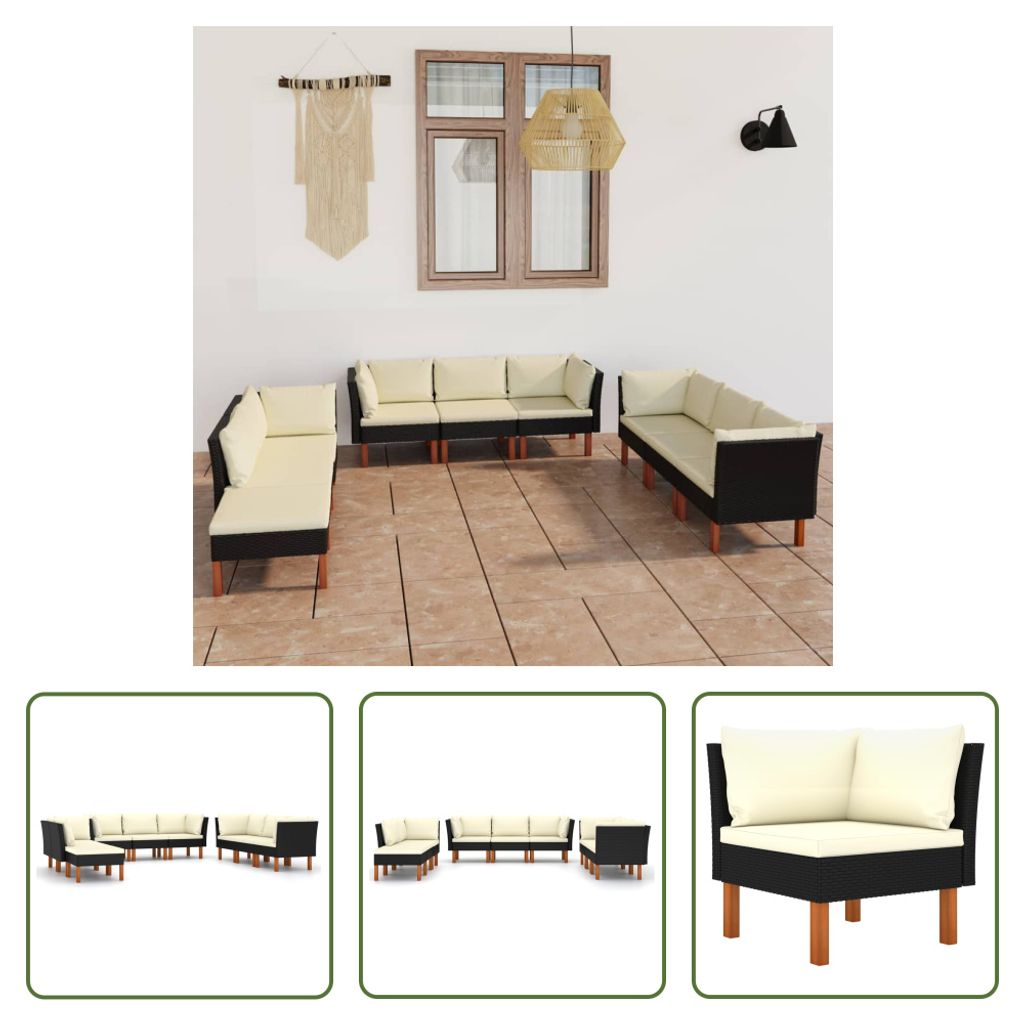 The Living Store 9-tlg. Garten-Lounge-Set mit Kissen Poly Rattan Schwarz