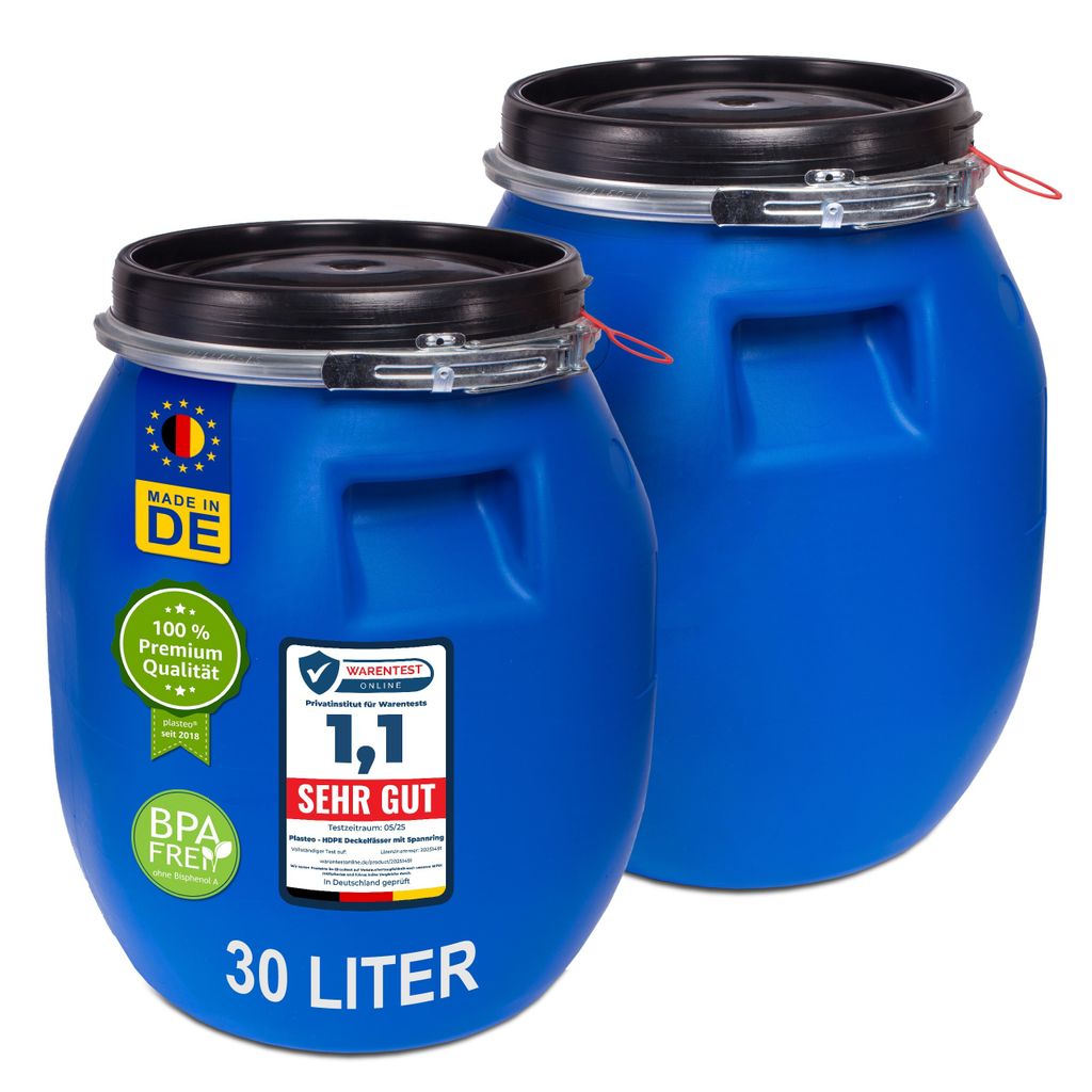 Two blue plastic barrels with black lids are shown against a white background.