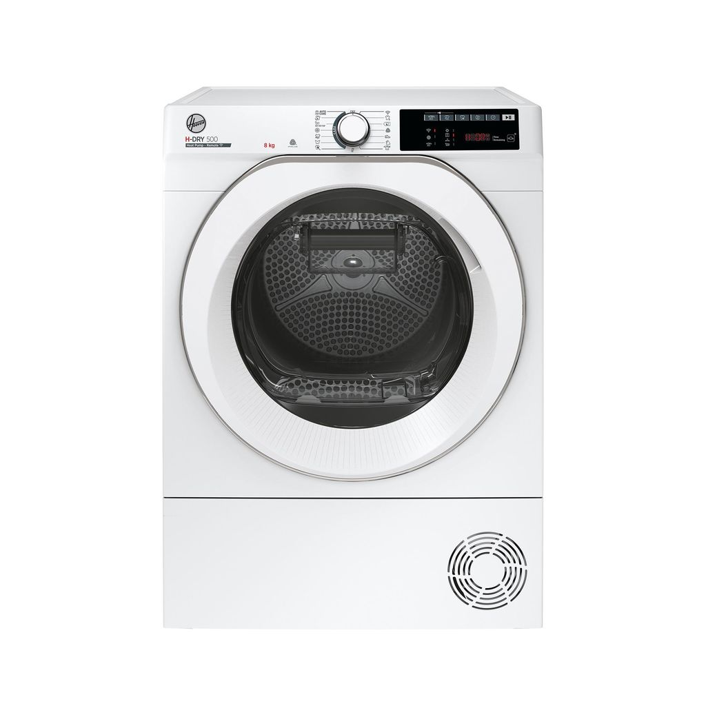 A white Hoover heat pump dryer is shown against a white background.