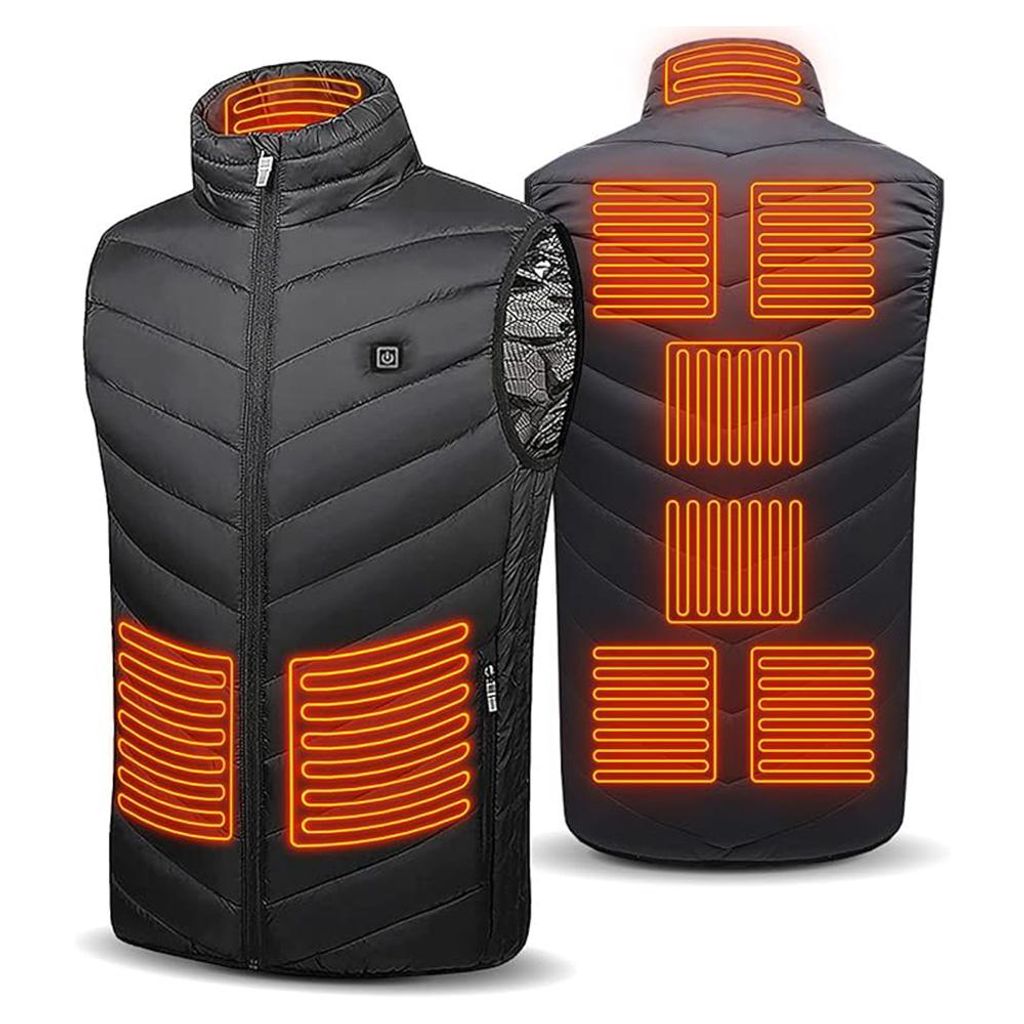 A black heated vest shown from the front and back, with glowing orange heating elements highlighted.