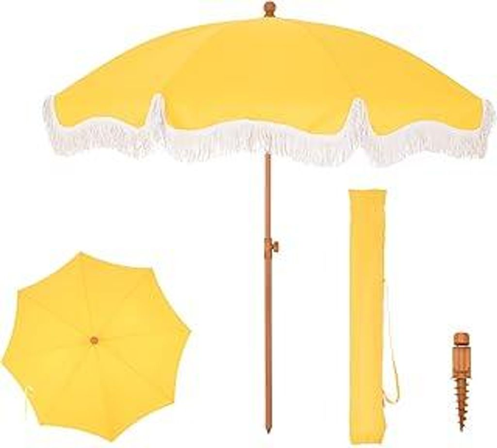 PHI VILLA Sonnenschirm Balkon Sonnenschutz 200 cm Knickbar Rund mit Fransen, Boho Strandschirm Garten Windbeständig Sonnenschirme Balkonschirm mit...