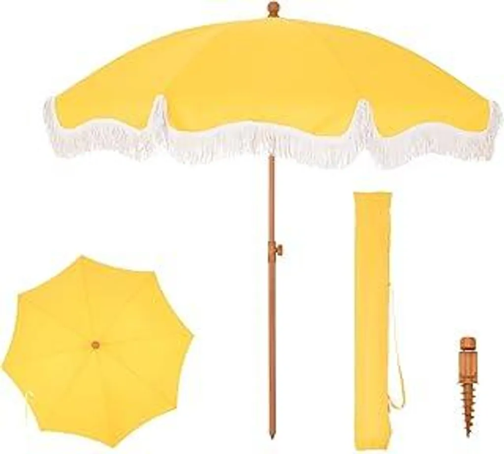 PHI VILLA Ombrellone da balcone Protezione solare 200 cm Pieghevole Rotondo con frange, Boho Ombrellone da spiaggia Giardino Resistente al vento Ombrelloni Ombrellone da balcone con picchetto per terrazza, UPF 50+, Oro
