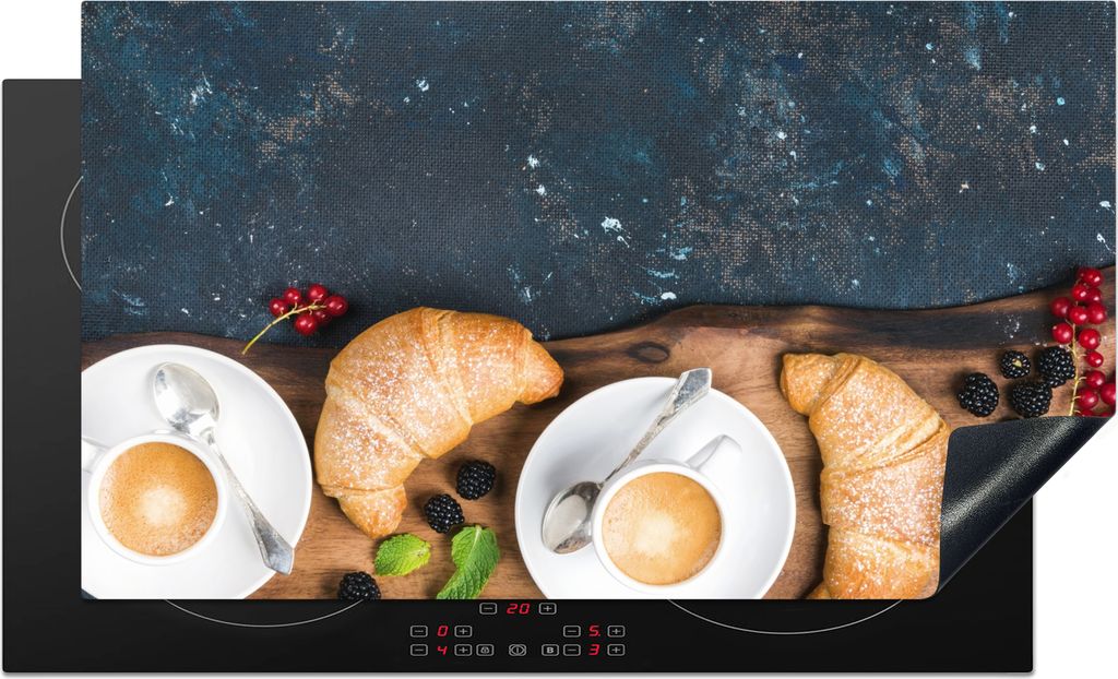 KitchenYeah Herdabdeckplatte Croissant - Obst - Kaffee - Küche , 90x52cm, Küche Deko, Glaskeramikfeld Herdabdeckung, Abdeckplatte fùr Kochfeld