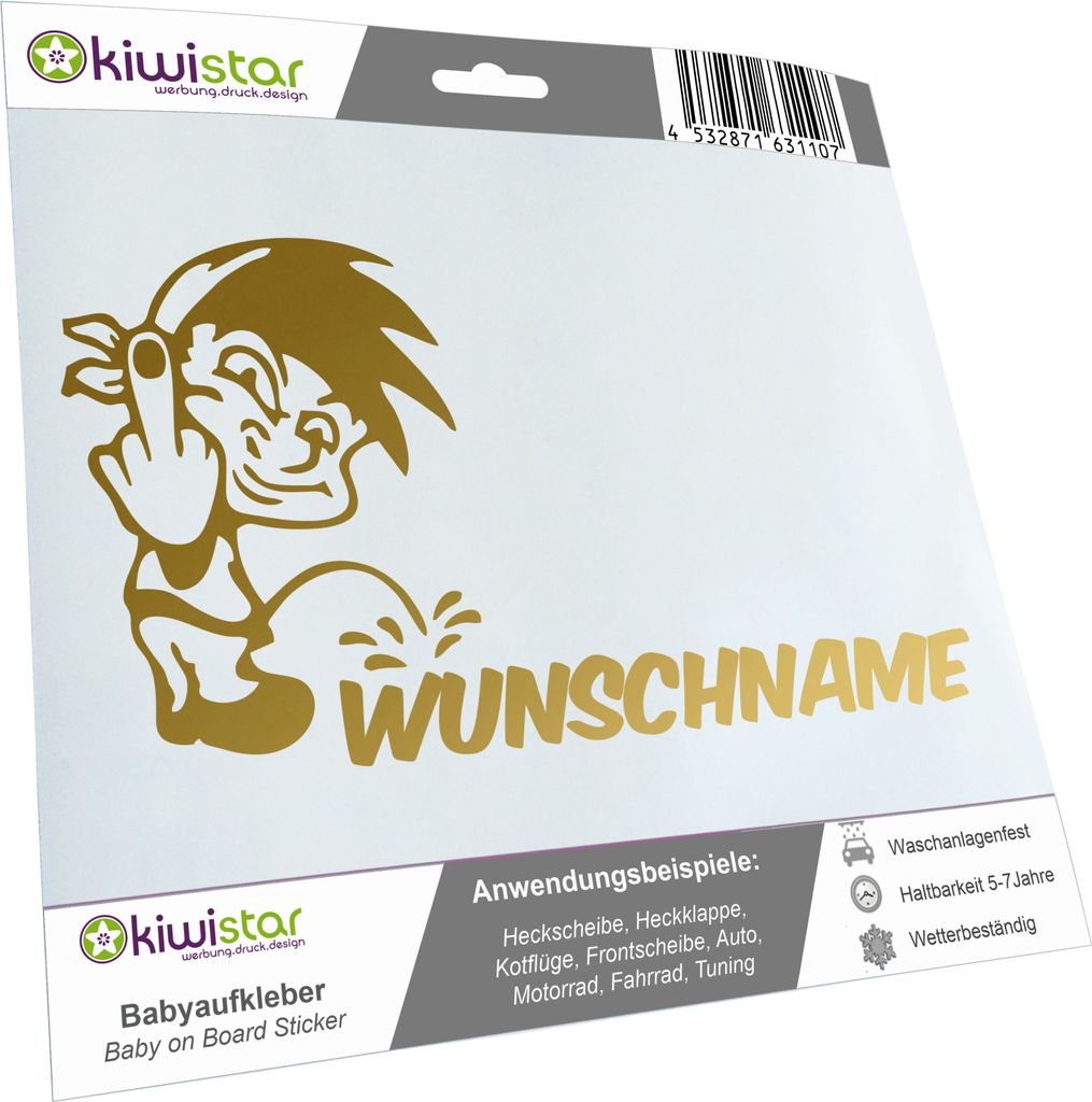 Kiwistar - Autoaufkleber - Piss on Wunschname - Junge mit Tuch & Finger - 40 cm - gold - Pissmännchen - Aufkleber für Auto, Laptop, Fahrrad, LKW,...