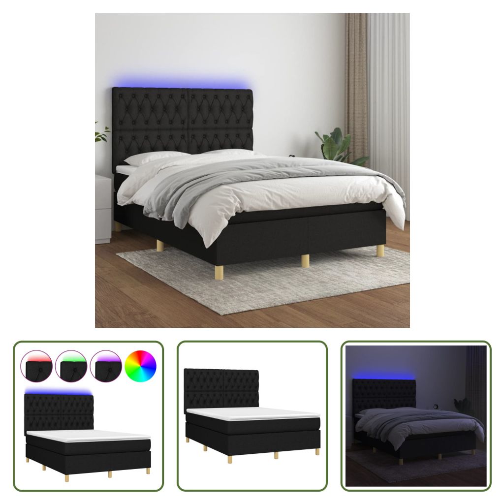 The Living Store Boxspringbett mit Matratze & LED Schwarz 140x200 cm Stoff