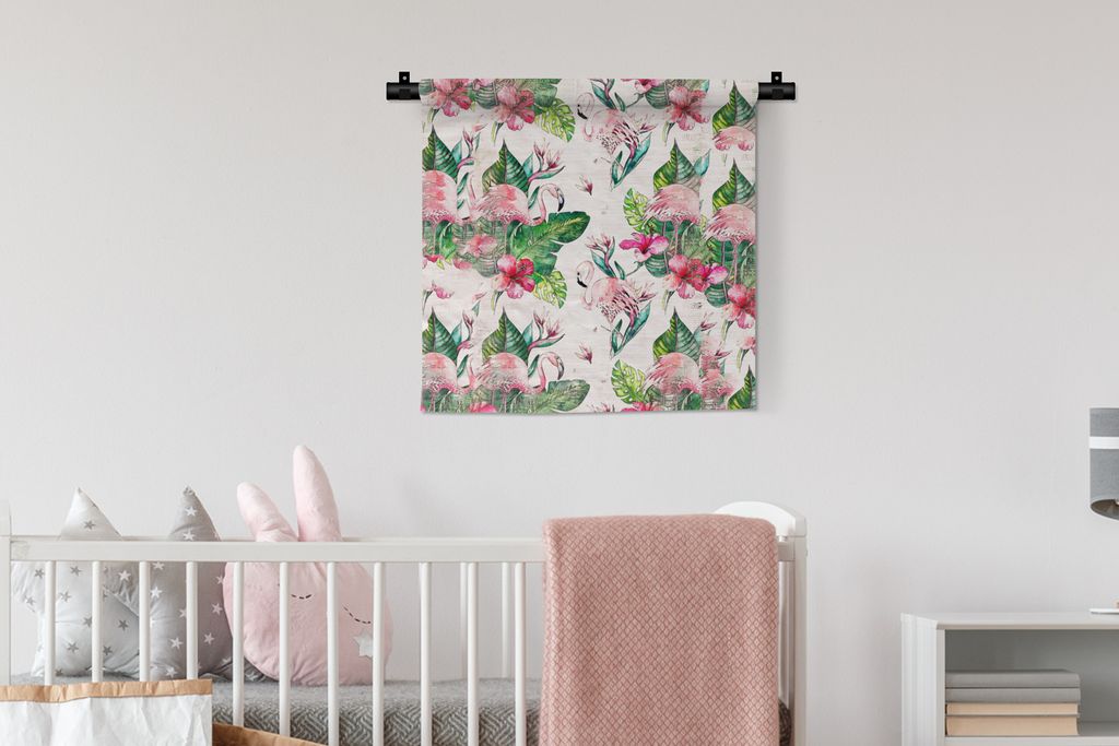 MuchoWow Wandteppich Wandbehang Flamingo - Blumen - Blätter - Zeitungspapier 60x60 cm Tapisserie Dekoration Wandtuch - Dekorationen - Wand Decke