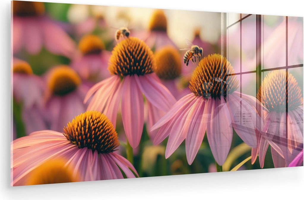 MuchoWow Glasbilder - Bilder auf Wandbild - Foto auf Glas Blumen - Lila - Bienen 80x40 cm Wanddekoration aus Glas - Acrylglasbild - Acrylbilder - W...