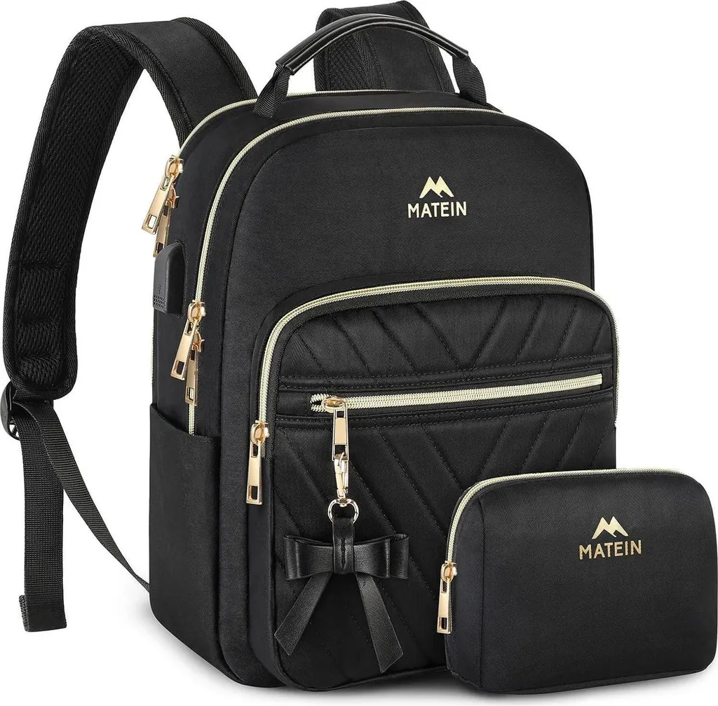 MATEIN Sac à dos femme noir imperméable avec port USB et trousse assortie