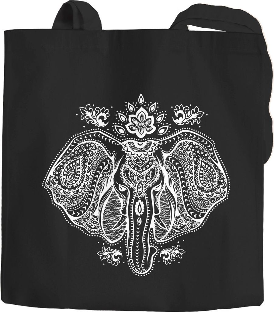 Baumwolltasche Elefant Zentangle Mandala Jutebeutel Tragetasche Einkaufstasche Autiga schwarz 2 lange Henkel