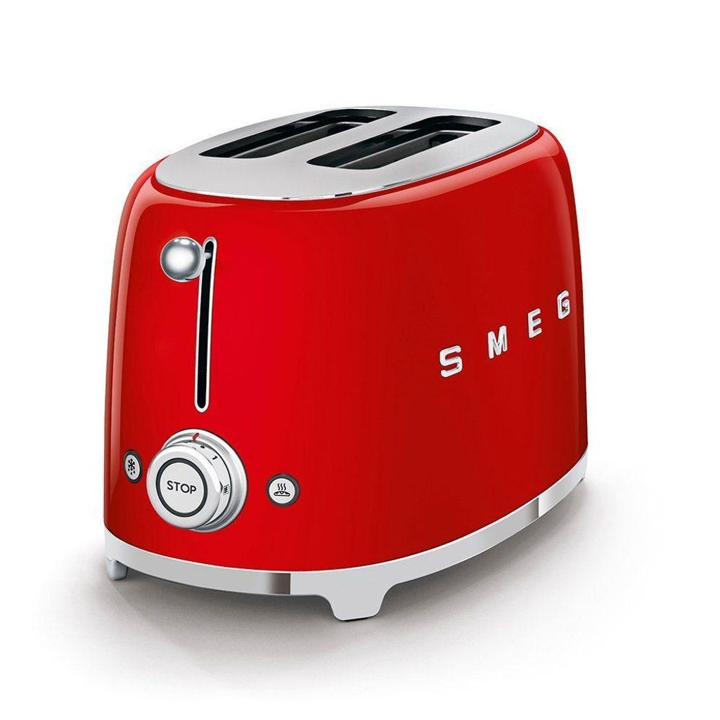 SMEG Edelstahl Toaster 2 Scheiben 6 Modi, Hochglanz, Auftaufunkton, 2 kurze Schlitze, für 2 scheiben, 950,00 W, Auftauen, Rösten, Stopp - Rot