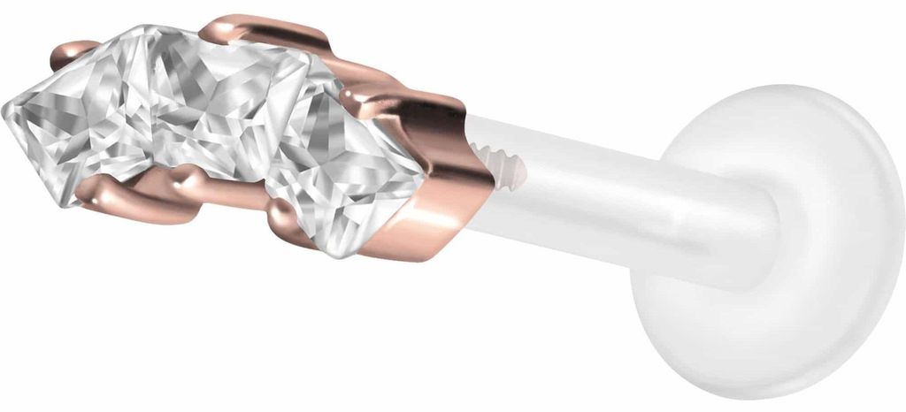 Ohrpiercing, Nasenpiercing PTFE Labret mit Innengewinde + Titan-Aufsatz EINGEFASSTE KRISTALLTRAPEZE RoséGold Stablänge: 7mm | Stabstärke: 1,6mm ...