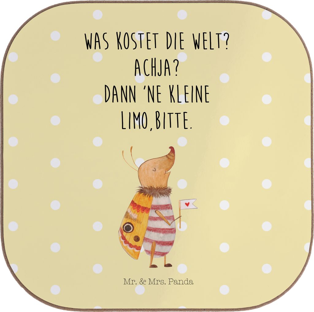 Mr. & Mrs. Panda Tischuntersetzer Nachtfalter Fähnchen - Gelb Pastell - Geschenk, gläseruntersetzer, Spruch Witzig, Süß, Coaster, Küche Deko, ...