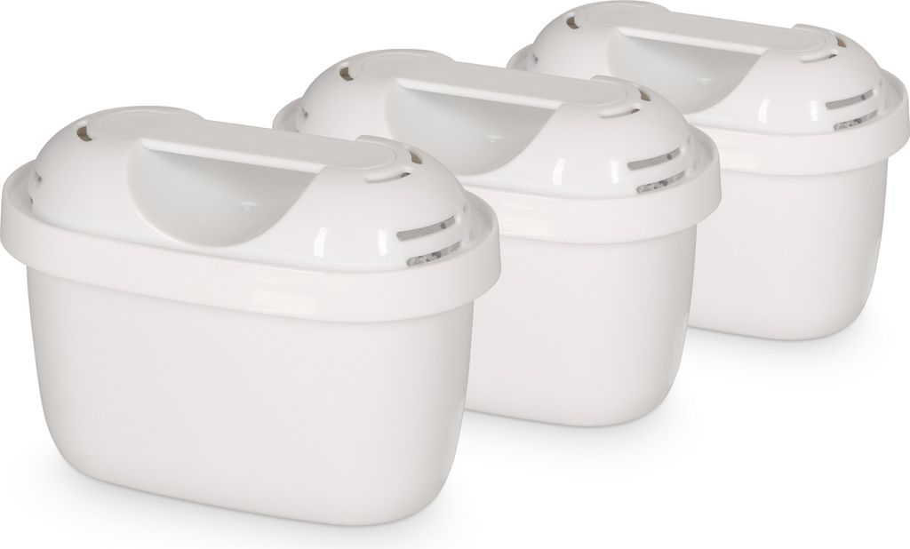 Three white water filter cartridges are arranged diagonally on a white background.
