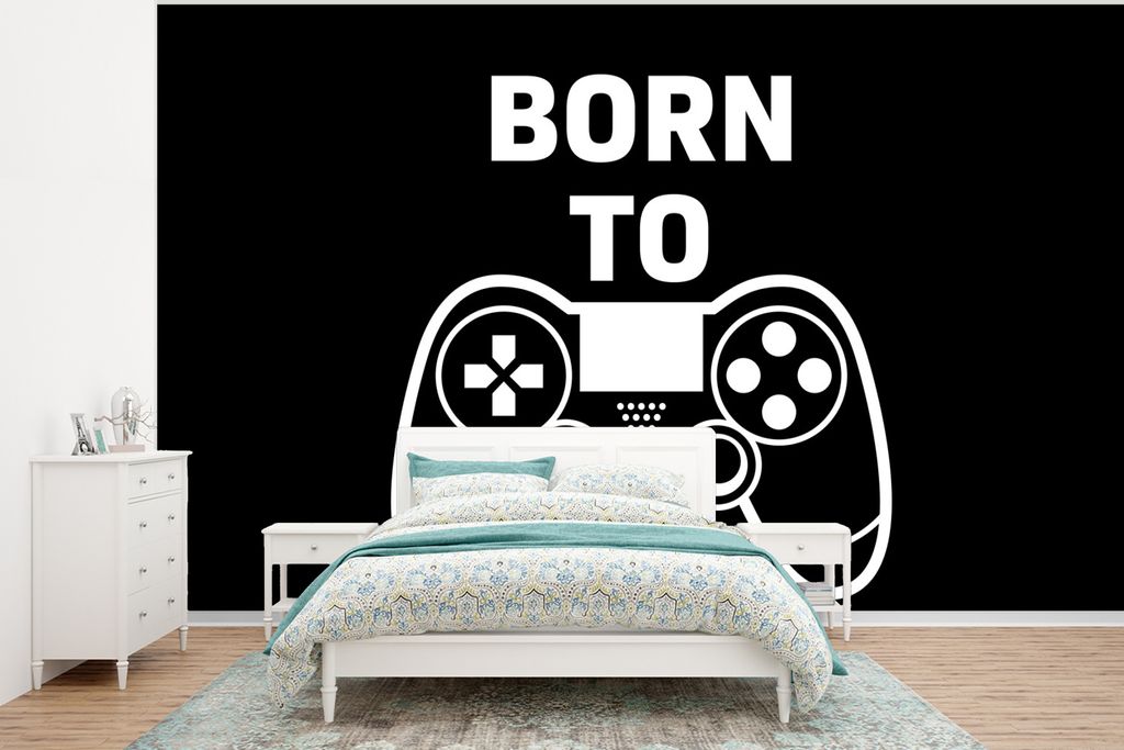 MuchoWow Fototapete für Wohnzimmer oder Schlafzimmer Wandtapete Vinyl Motivtapete Gaming - Zitate - Controller - Zum Spielen geboren - Schwarz -...