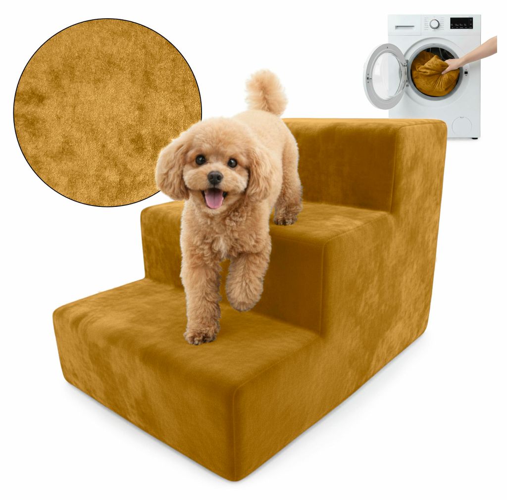 Muralo Treppe für Hund und Katze Rampe HUNDETREPPE Treppe für Haustiere 3 Stufen Gelb Magic Velvet Stoff