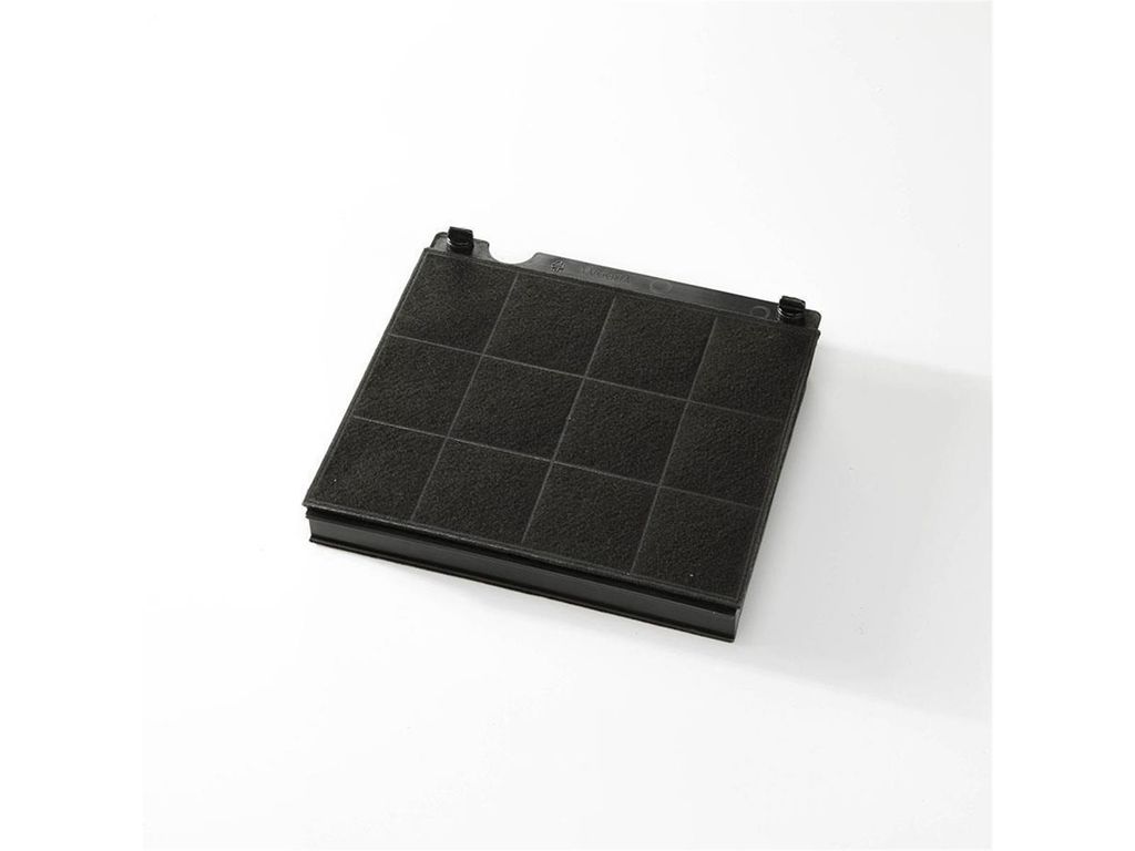 A black charcoal filter for a range hood or other appliance, viewed from a slightly elevated angle on a white background.