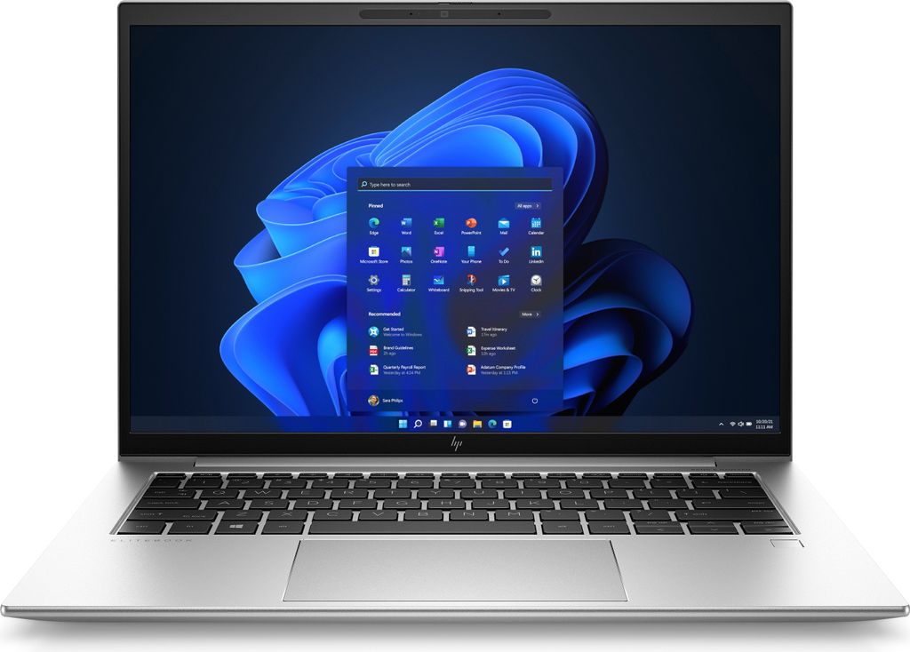 A silver HP EliteBook laptop is shown from the front, open with the screen displaying the Windows 11 interface.