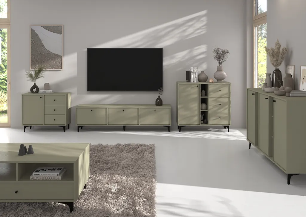 Commode TOKYO 125 cm BEAUTYSOFA à 3 portes, buffet bas eucalyptus chic
