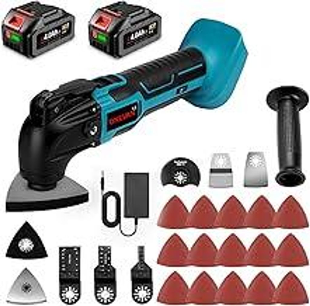 ONEVAN Akku Multifunktionswerkzeug, 2 * 4.0Ah Akkus, Multitool Oszillationswerkzeug, 22 Zubehör, 4°Oszillationswinkel & 6-Gang 20000RPM, Multifun...