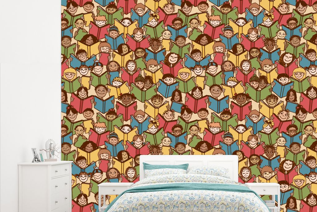 MuchoWow Fototapete für Wohnzimmer oder Schlafzimmer Wandtapete Vinyl Motivtapete Muster - Buch - Jungen - Lesen - Kinder - Kleiner Junge - 265x...